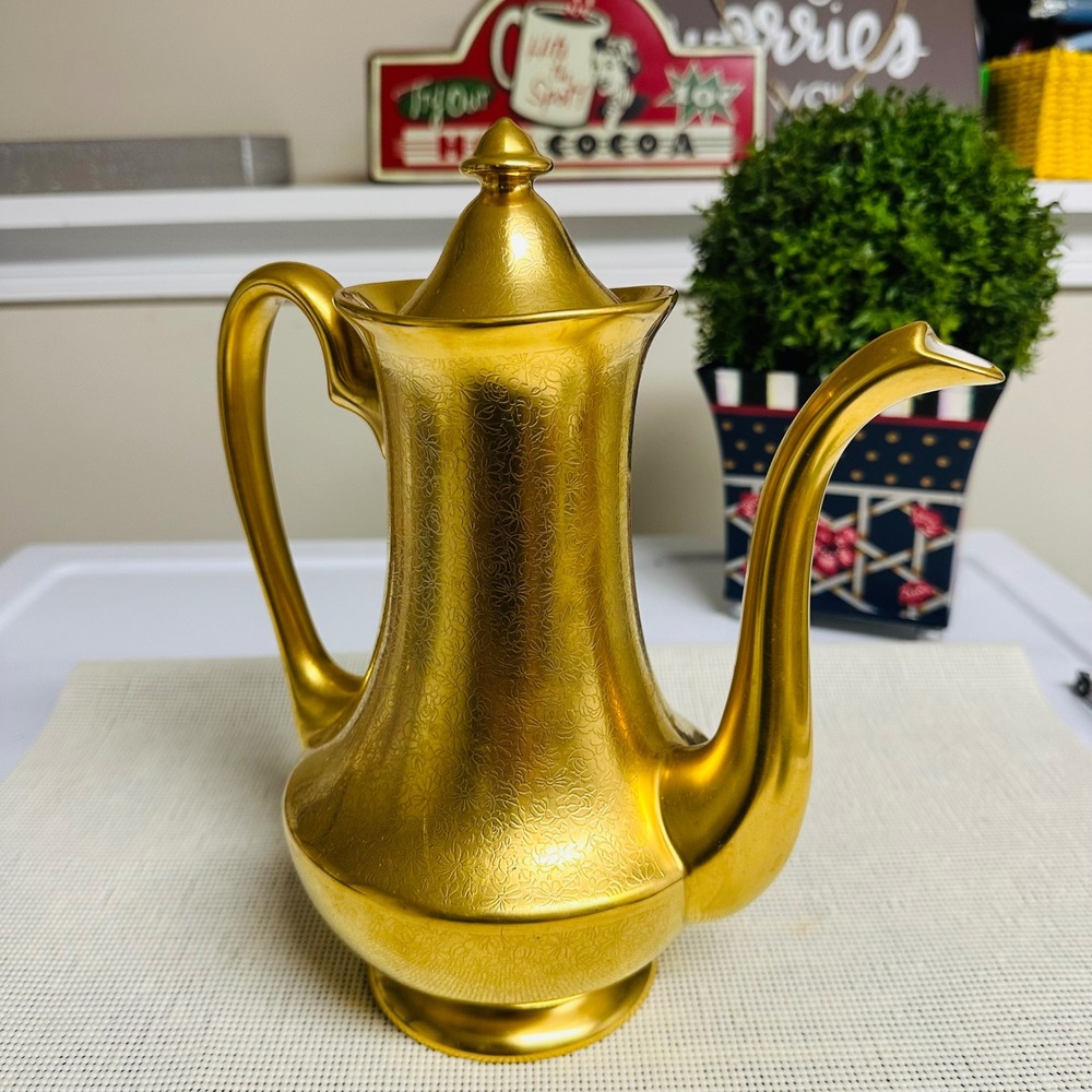 PICKARD 625 Coffee Pot with Lid Gold Encrusted Rose Daisy Pattern Vintage
